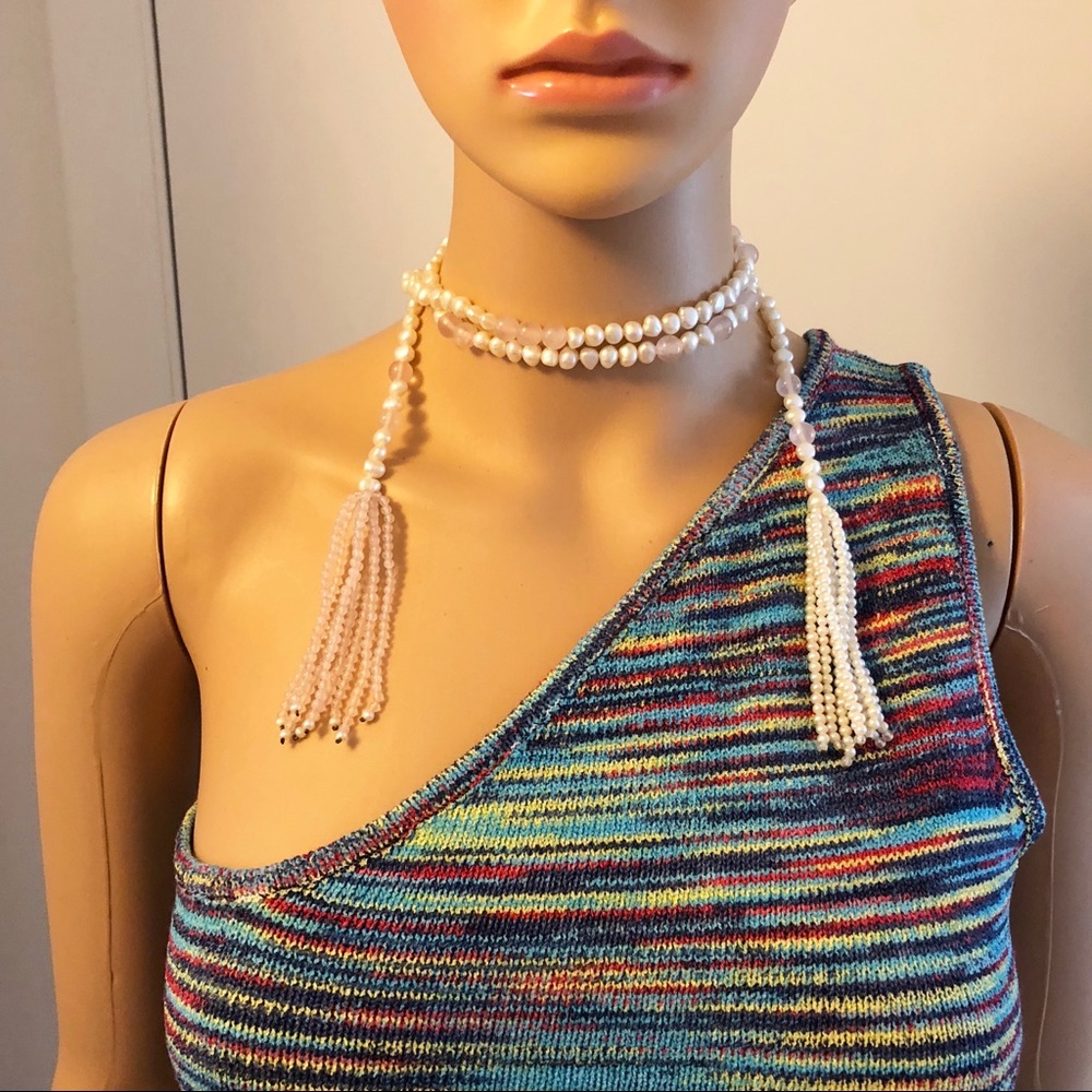 Stunning freshwater pearls rose quarts lariat - Picture 8 of 8